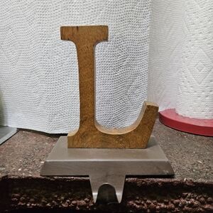 Christmas Stocking Holder Wooden Letter L  Base is Metal